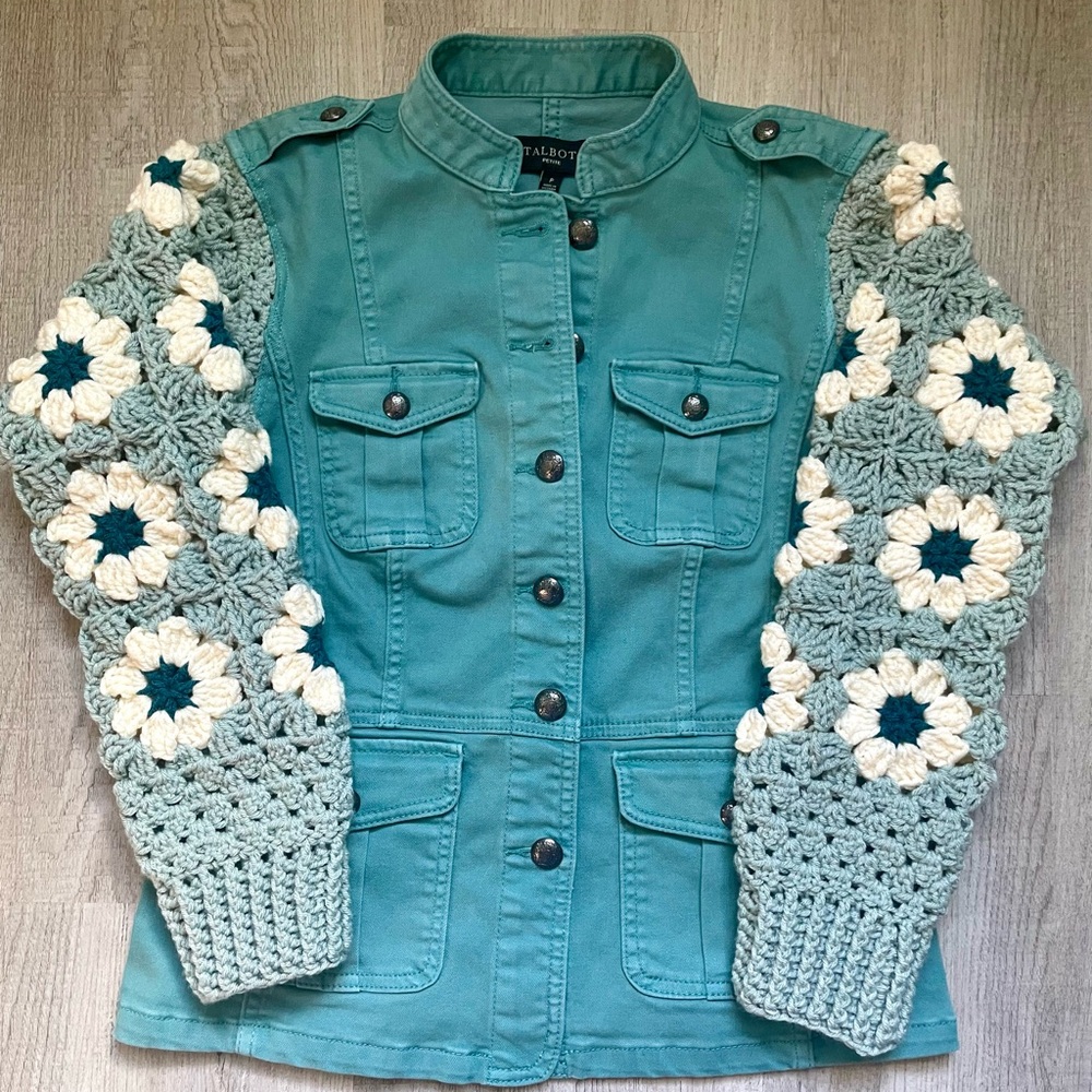 Upcycled Talbots Turquoise Jacket with Crochet Floral Sleeves